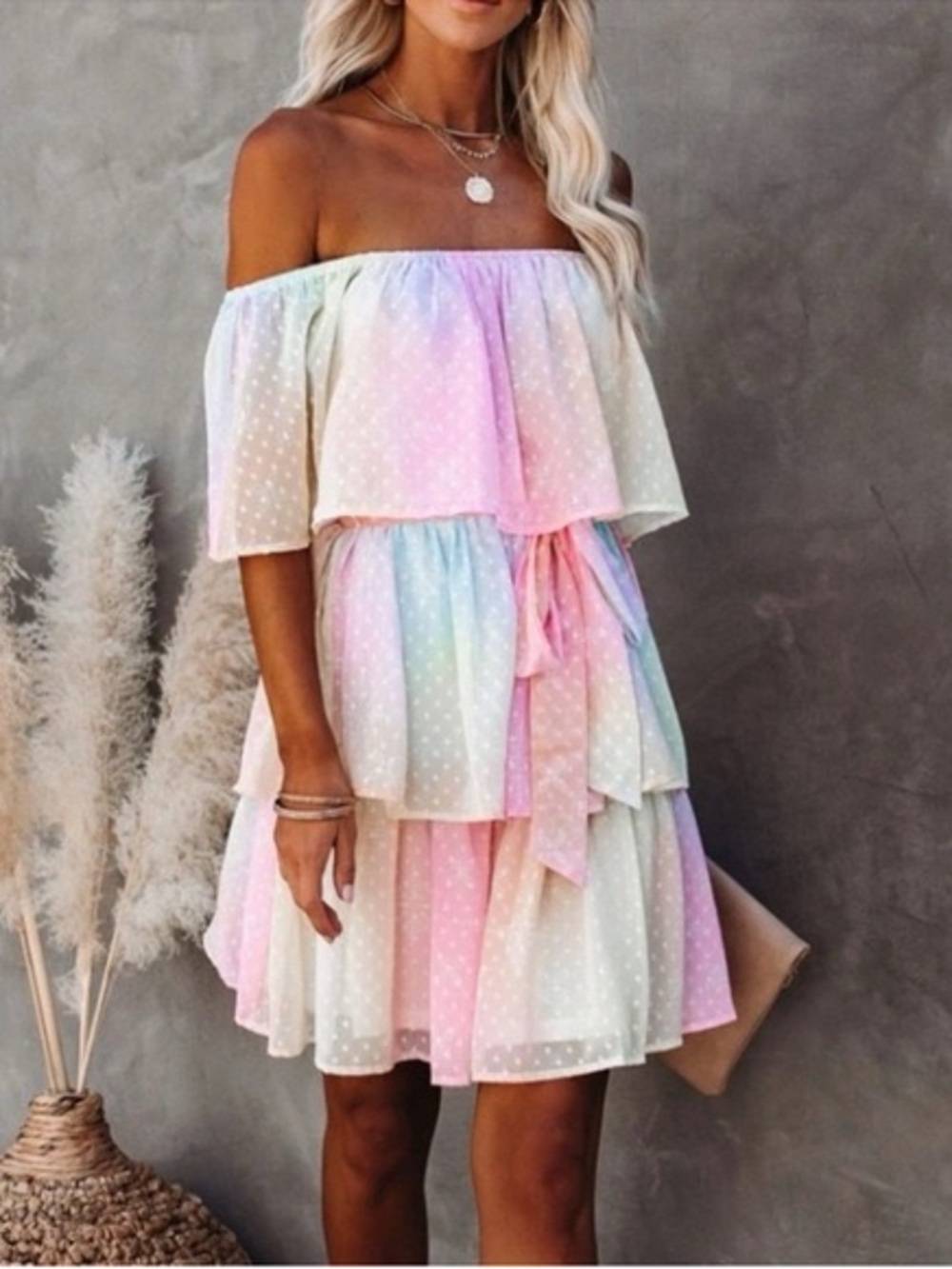 Vici Pastel Ombre Swiss Dot Off-Shoulder Top in Pink and Lavender